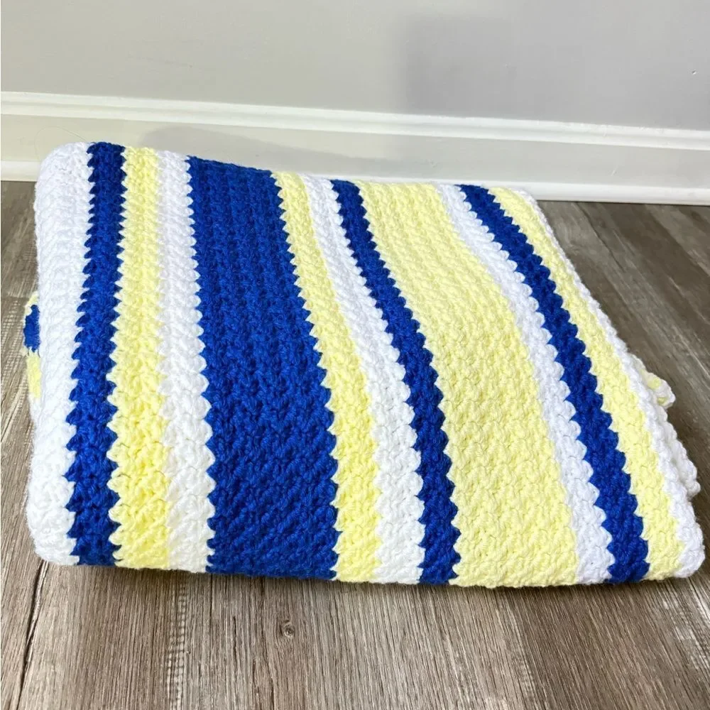 VTG Crochet Afghan Chevron Striped Blue Yellow Blanket Throw Michigan Football